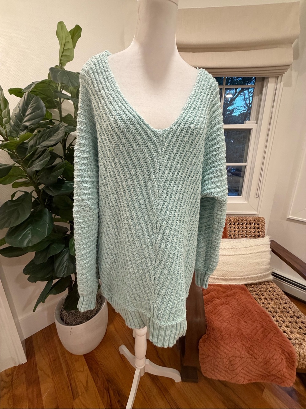 Free People Cozy V-Neck Ribbed Knit Sweater - Mint
